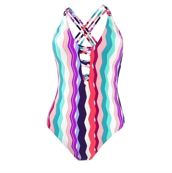 Bar III sz large striped one piece plunge cutout swimsuit new with tags SW2 - Picture 3 of 5